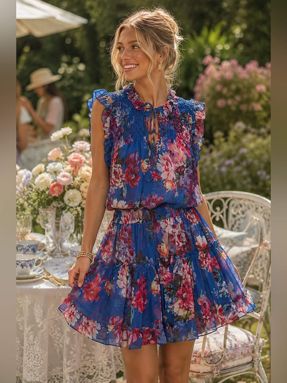 MISA Los Angeles Blue Floral Ruffle Tiered Mini Dress Sheer Overlay USA M Boho